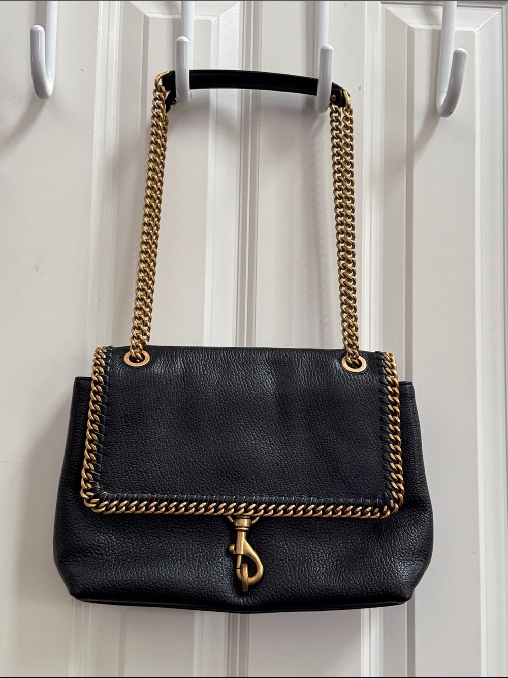 Rebecca Minkoff Black Leather Shoulder Bag with Gold Chain Trim